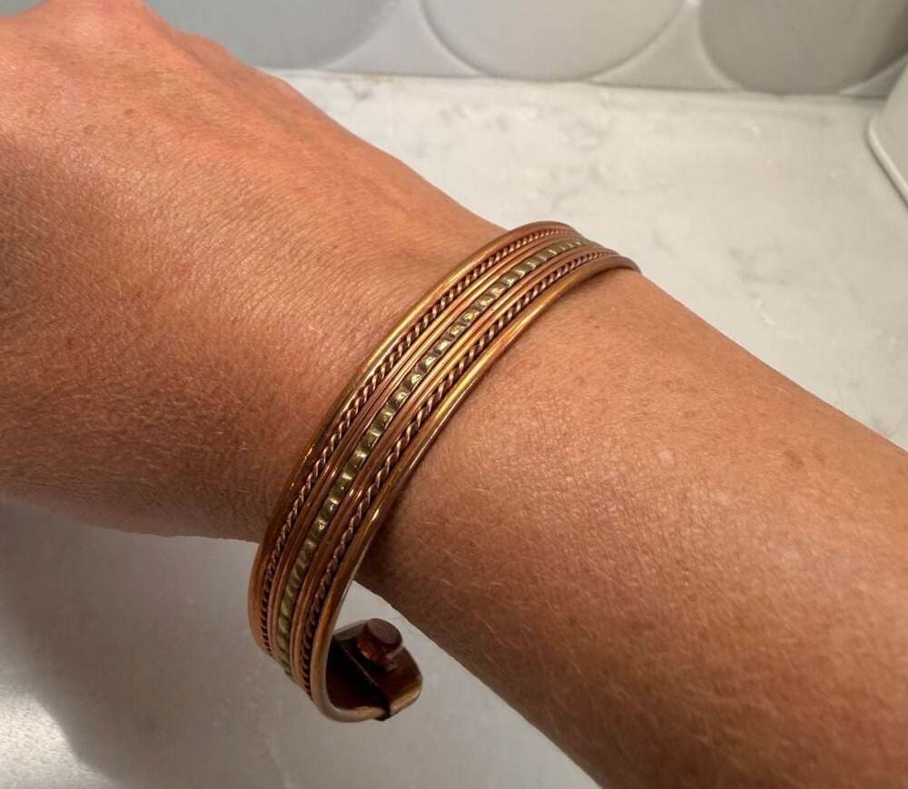 Vintage Copper and Brass Braided Cuff Bracelet with Magnetic Clasp